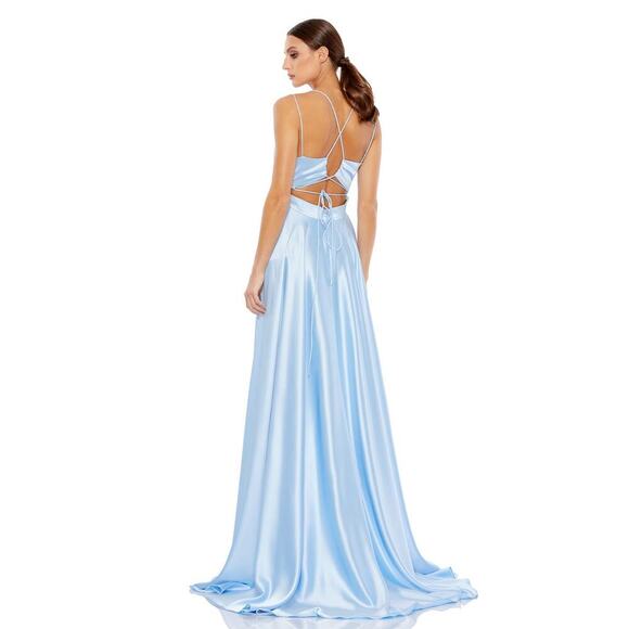 Ieena Mac Duggal Satin Strappy- Back High Slit Powder Blue Lace Up Back Gown 8 - Picture 2 of 14